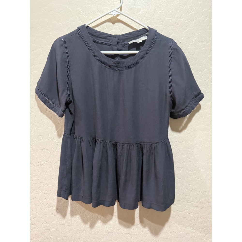 LOFT Womens Navy Blue Short Sleeve Peplum Blouse Ladder Stitch Button Back Top - Picture 2 of 3